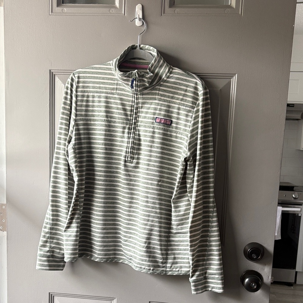 Vineyard Vines Olive & White Striped quarter zip with Navy-Pink Logo Patch